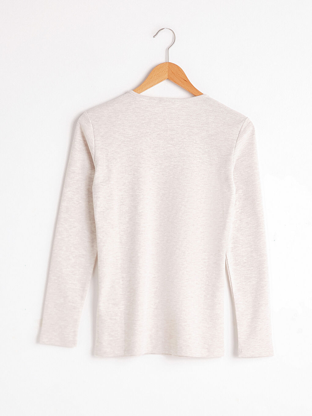 Bej Bisiklet Yaka Basic Uzun Kollu Tişört-5