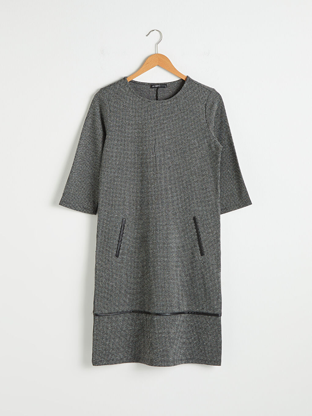 Siyah Bisiklet Yaka Standart Fit Uzun Kollu Kadın Desenli Ponte Elbise-4