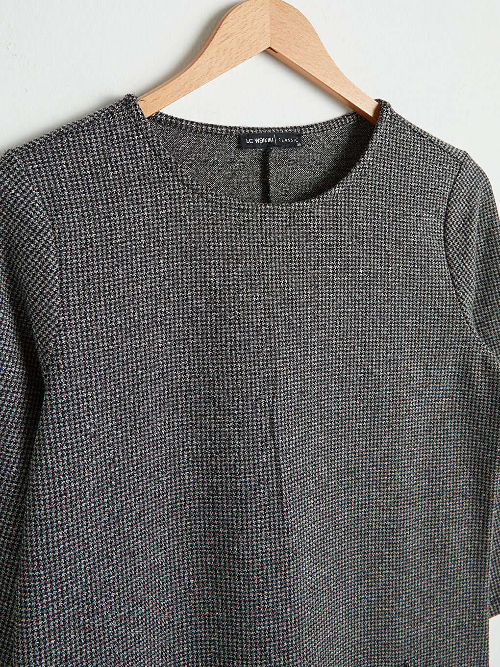 Siyah Bisiklet Yaka Standart Fit Uzun Kollu Kadın Desenli Ponte Elbise-6