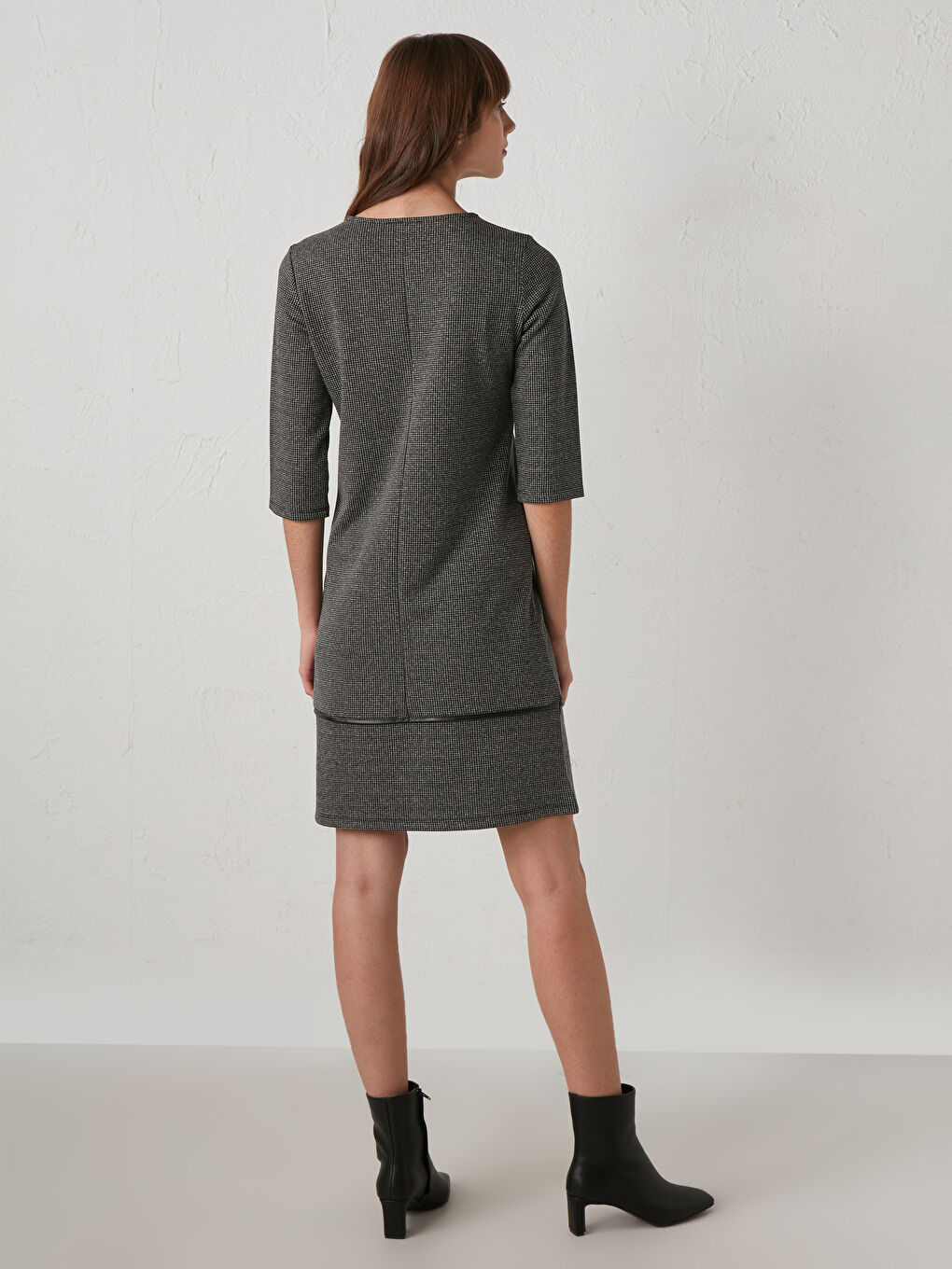 Siyah Bisiklet Yaka Standart Fit Uzun Kollu Kadın Desenli Ponte Elbise-3