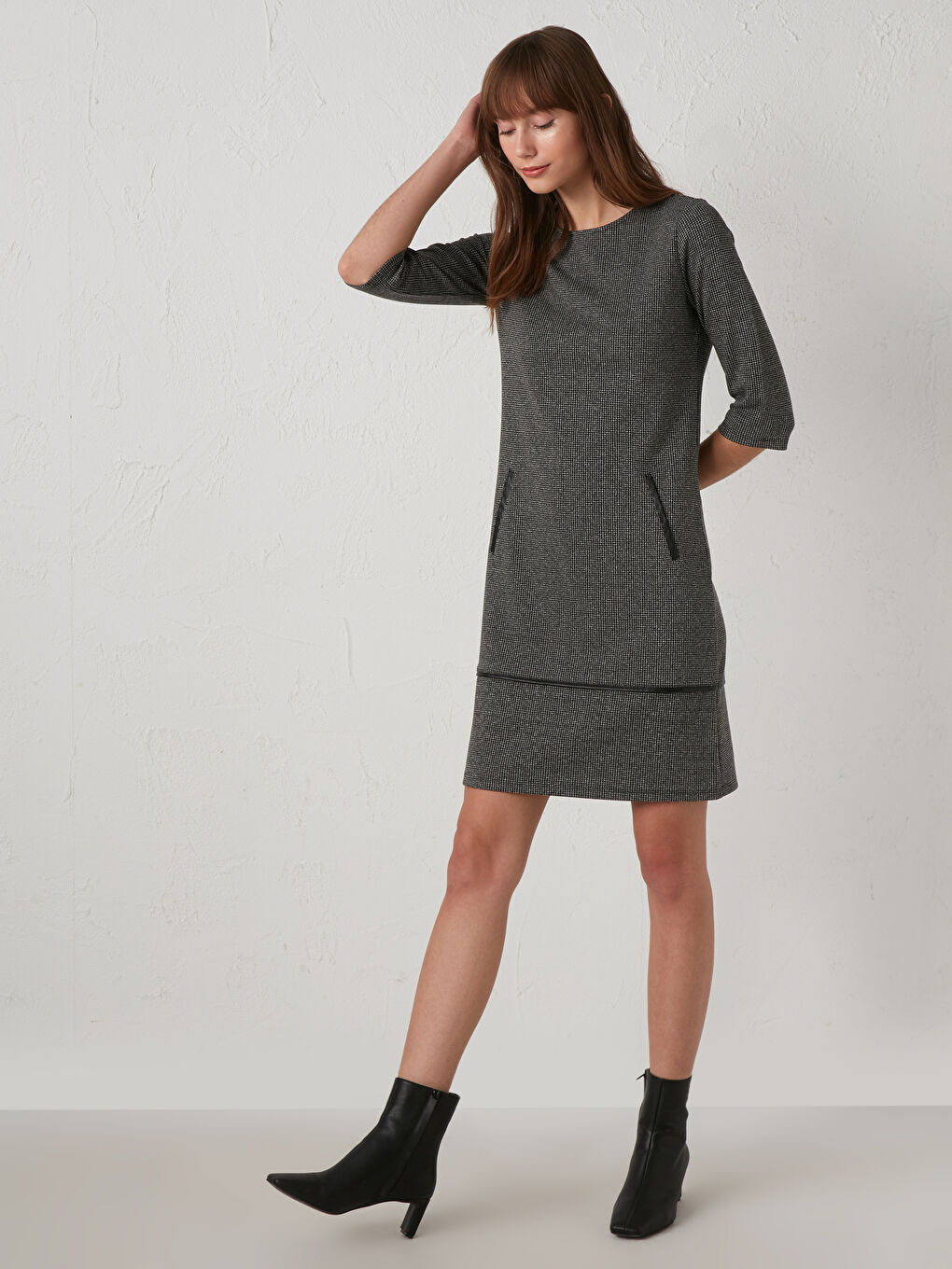 Siyah Bisiklet Yaka Standart Fit Uzun Kollu Kadın Desenli Ponte Elbise