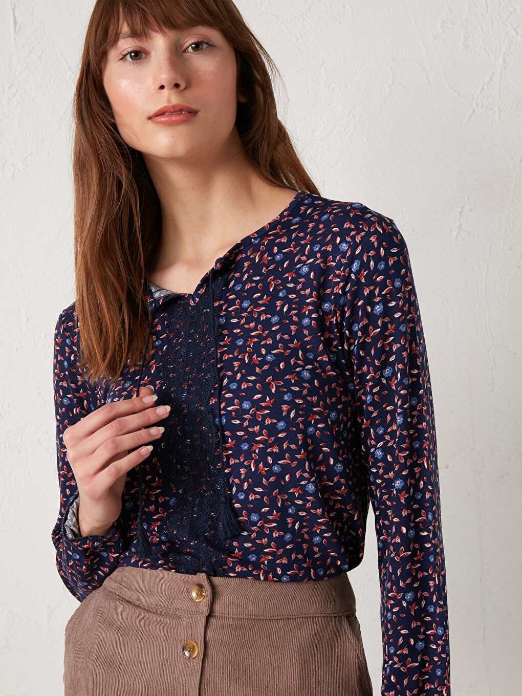 Crew Neck Patterned Blouse