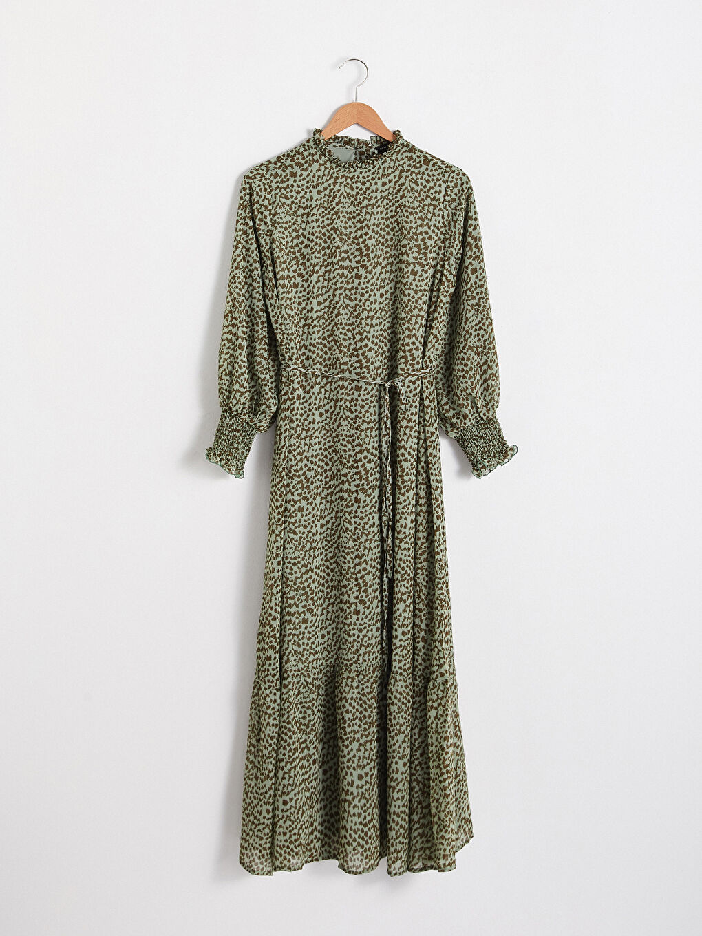 Yeşil Kuşaklı Desenli Şifon Elbise-5