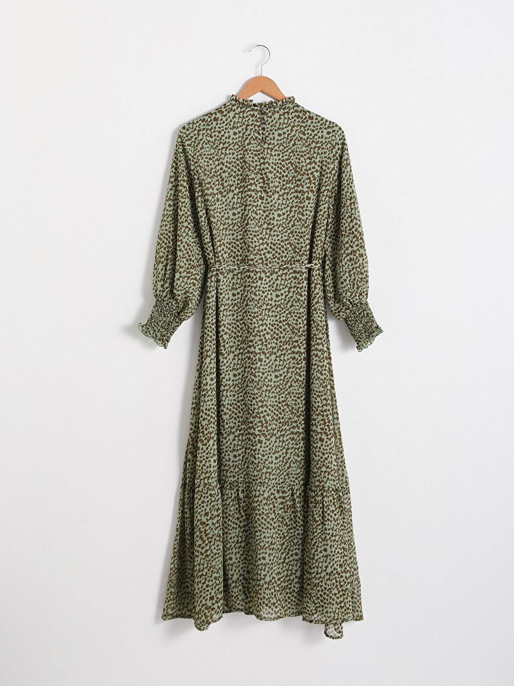 Yeşil Kuşaklı Desenli Şifon Elbise-6