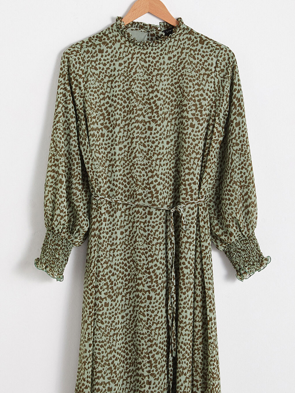 Yeşil Kuşaklı Desenli Şifon Elbise-7