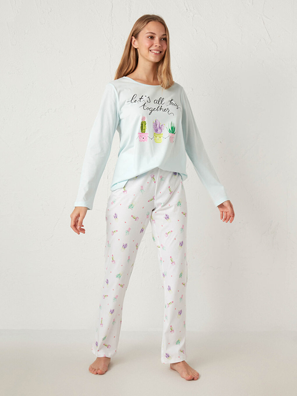 Mavi Baskılı Pamuklu Pijama Takımı-2