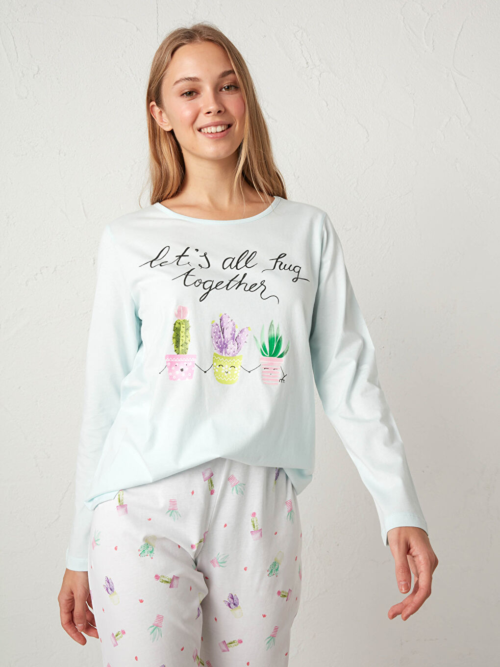 Mavi Baskılı Pamuklu Pijama Takımı-4