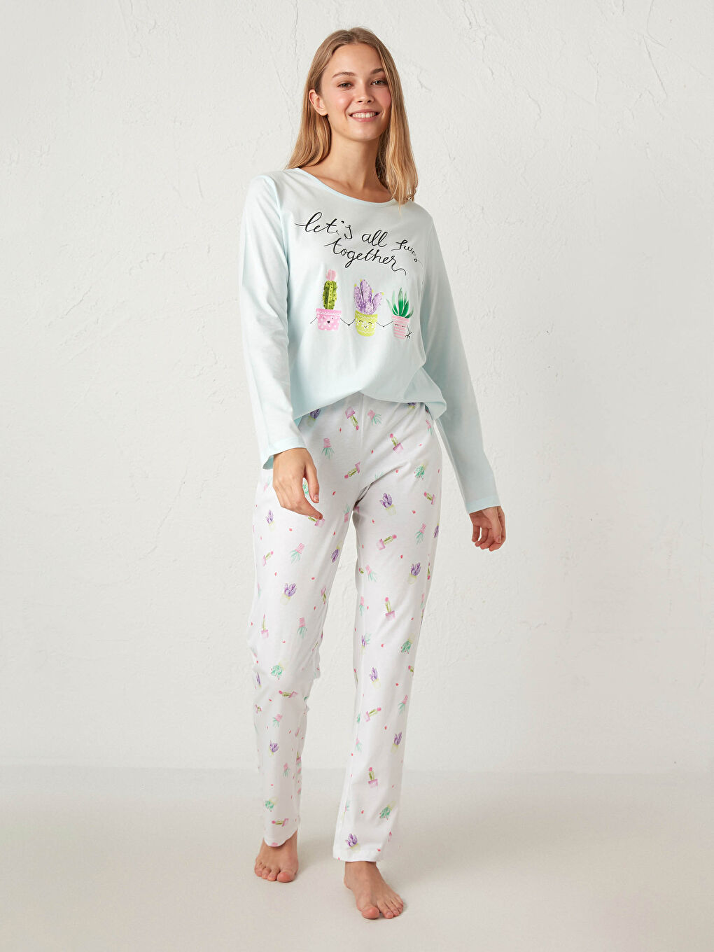 Mavi Baskılı Pamuklu Pijama Takımı-1