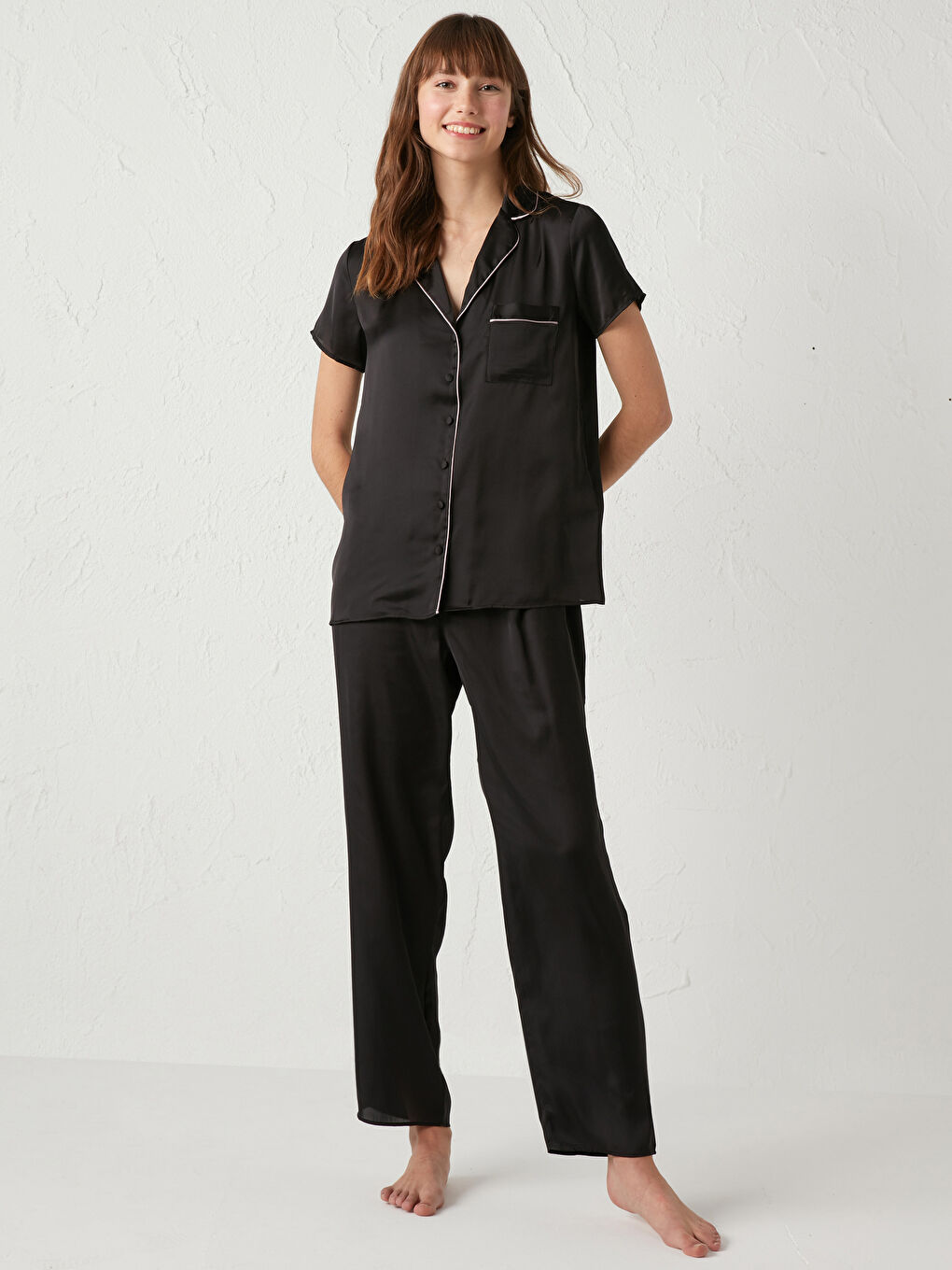 Set de pijama din satin cu guler de cămașă și mânecă scurtă pentru femei-1