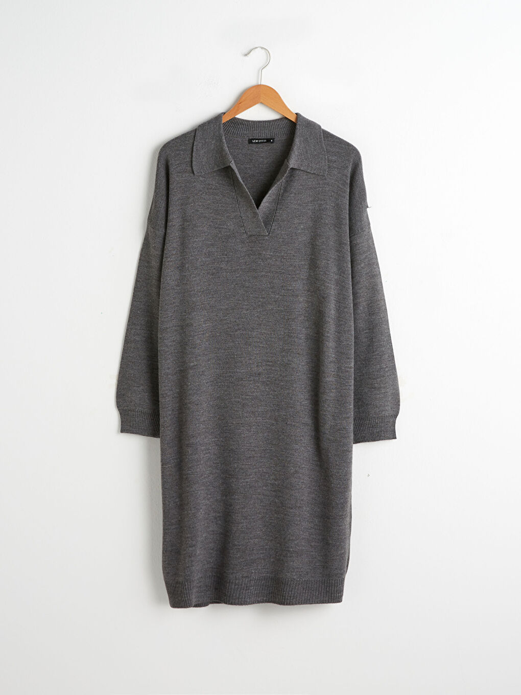 Gri V Yaka Akrilik Triko Elbise-5