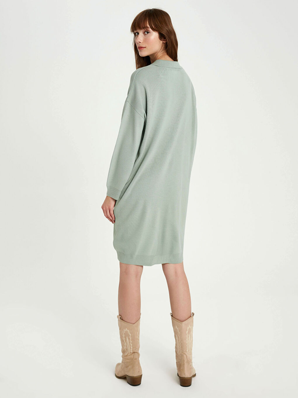 Yeşil V Yaka Akrilik Triko Elbise-3