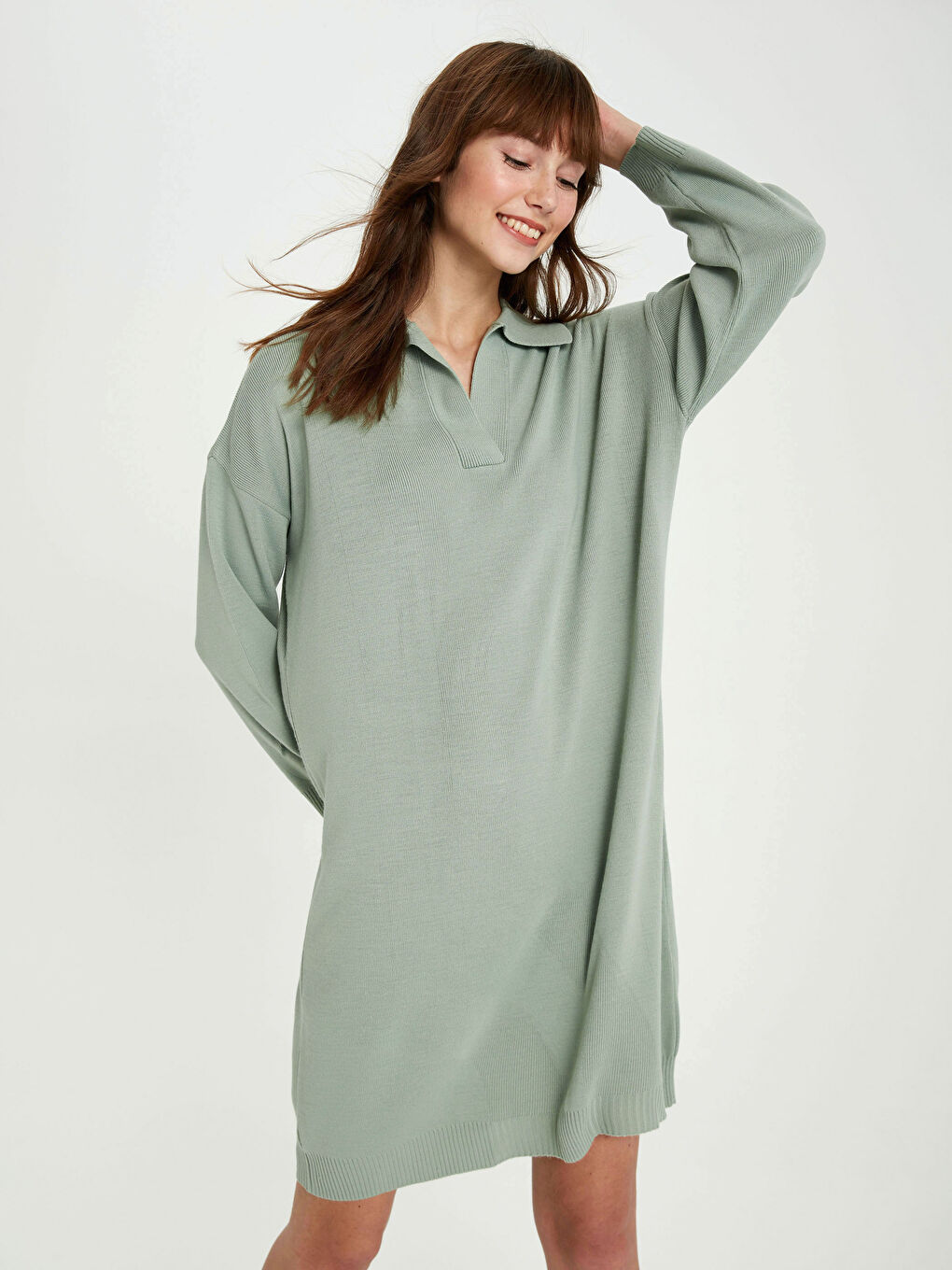 Yeşil V Yaka Akrilik Triko Elbise-1