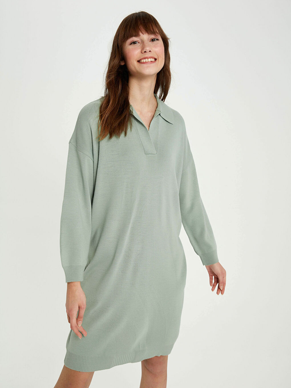 Yeşil V Yaka Akrilik Triko Elbise-2