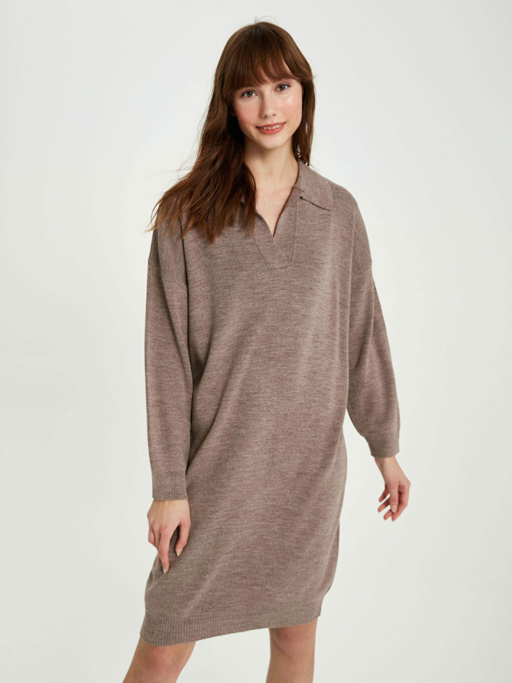 Kahverengi V Yaka Akrilik Triko Elbise-1