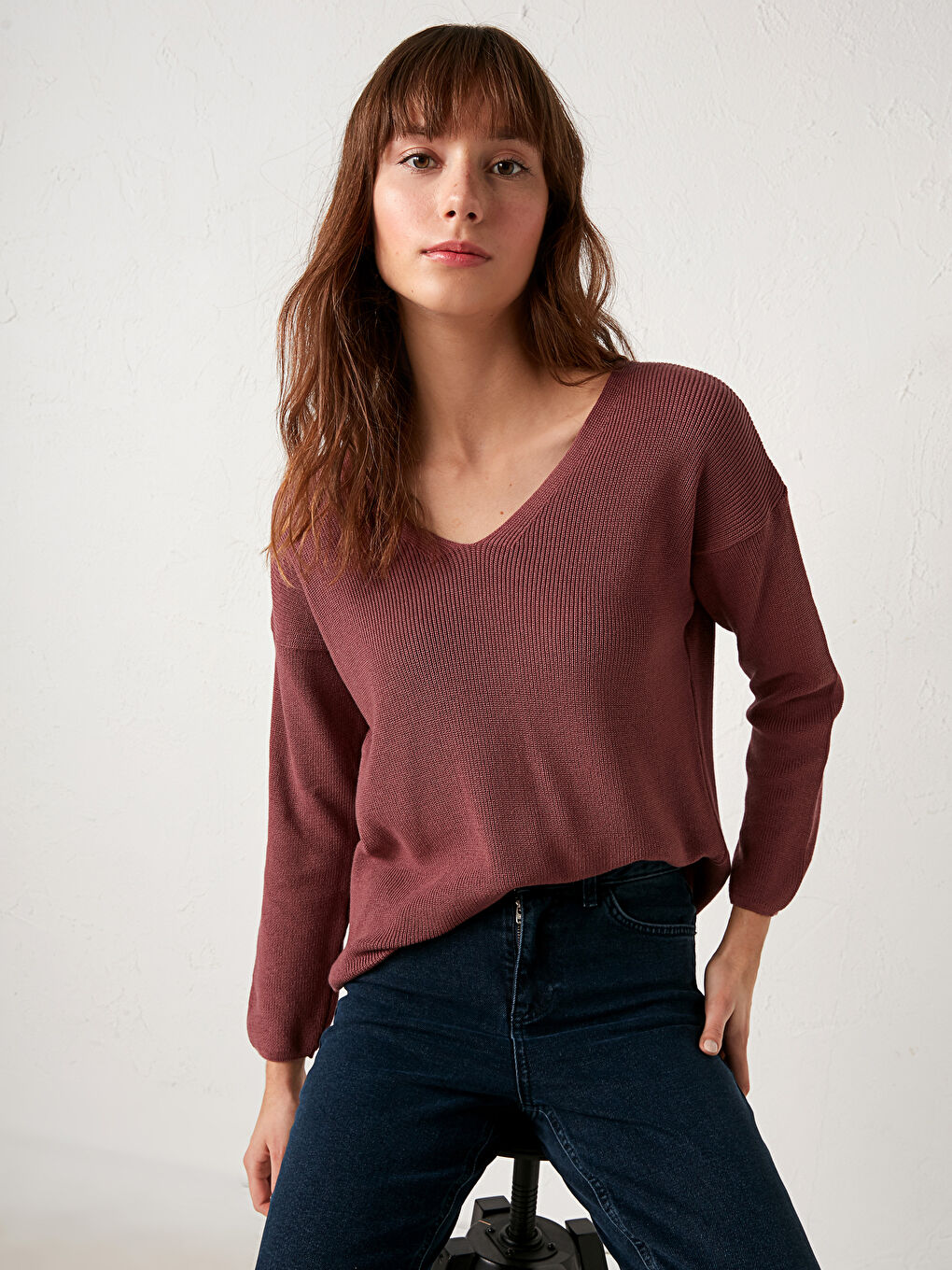 LCW Vision Plain V-Neck Tricot Jumper -0WI951Z8-H7D