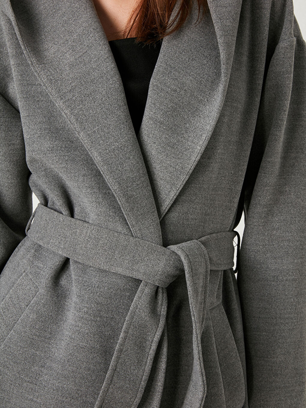 Gri Kapüşonlu Kuşaklı Kaşe Kaban-3