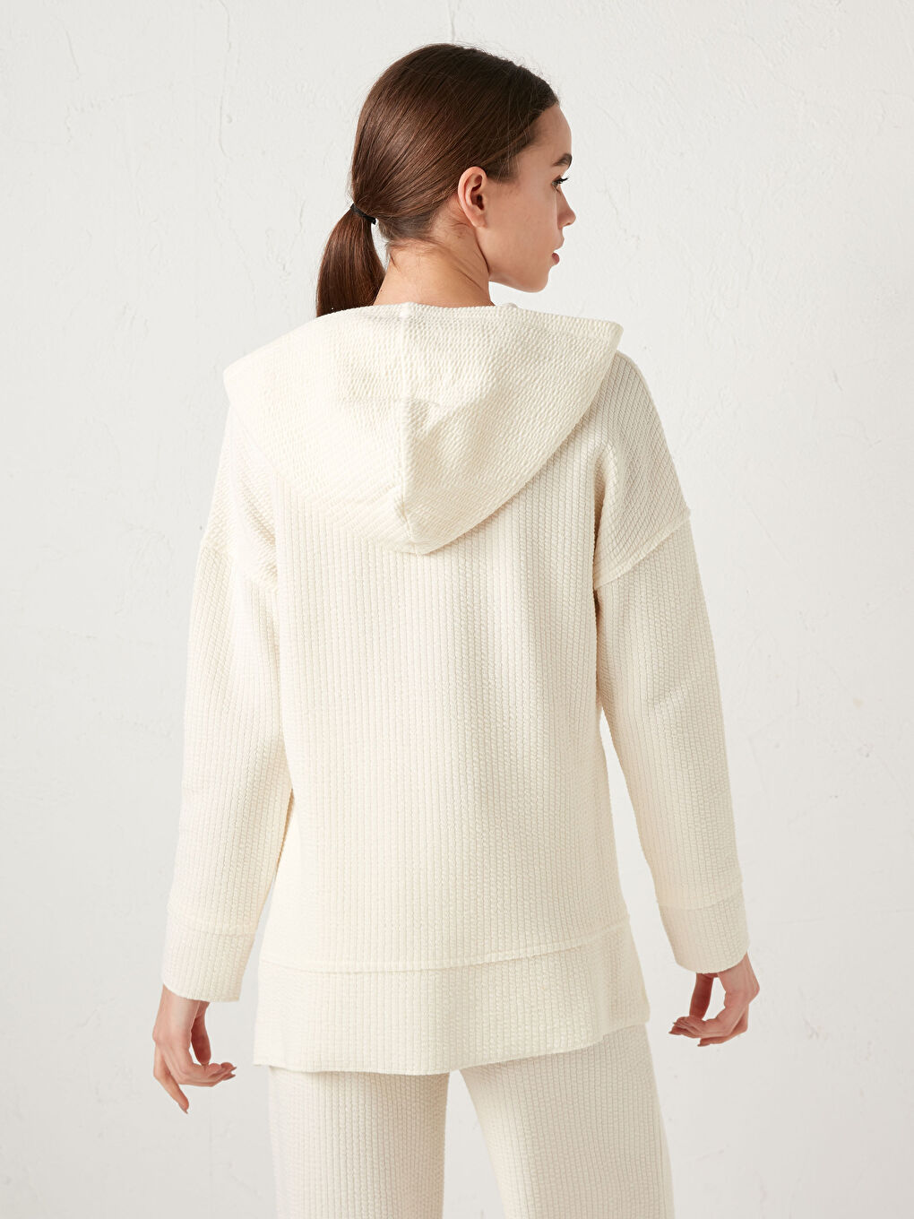 Ekru Kapüşonlu Pamuklu Sweatshirt-4