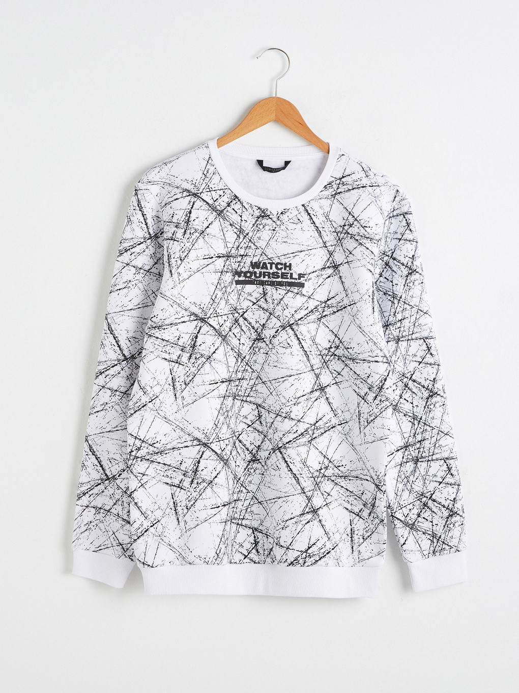 Beyaz Bisiklet Yaka Baskılı Kalın Sweatshirt-4