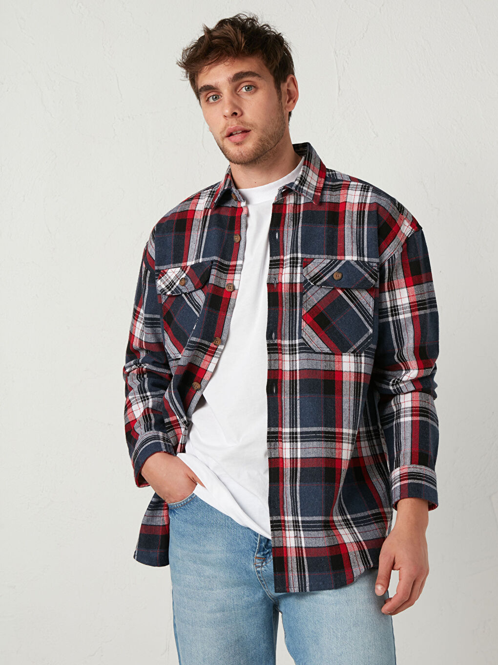 Oversize Long Sleeve Plaid Men's Flannel Shirt-1