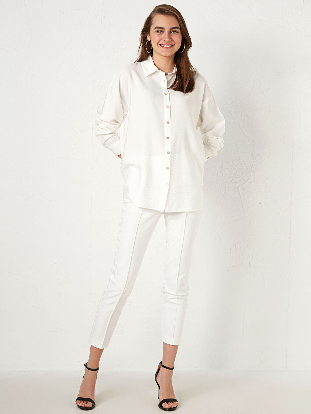 Chemise Col de Chemise Ajustement Standard Manches Longues pour Femmes Uni Crêpe Chemise-2