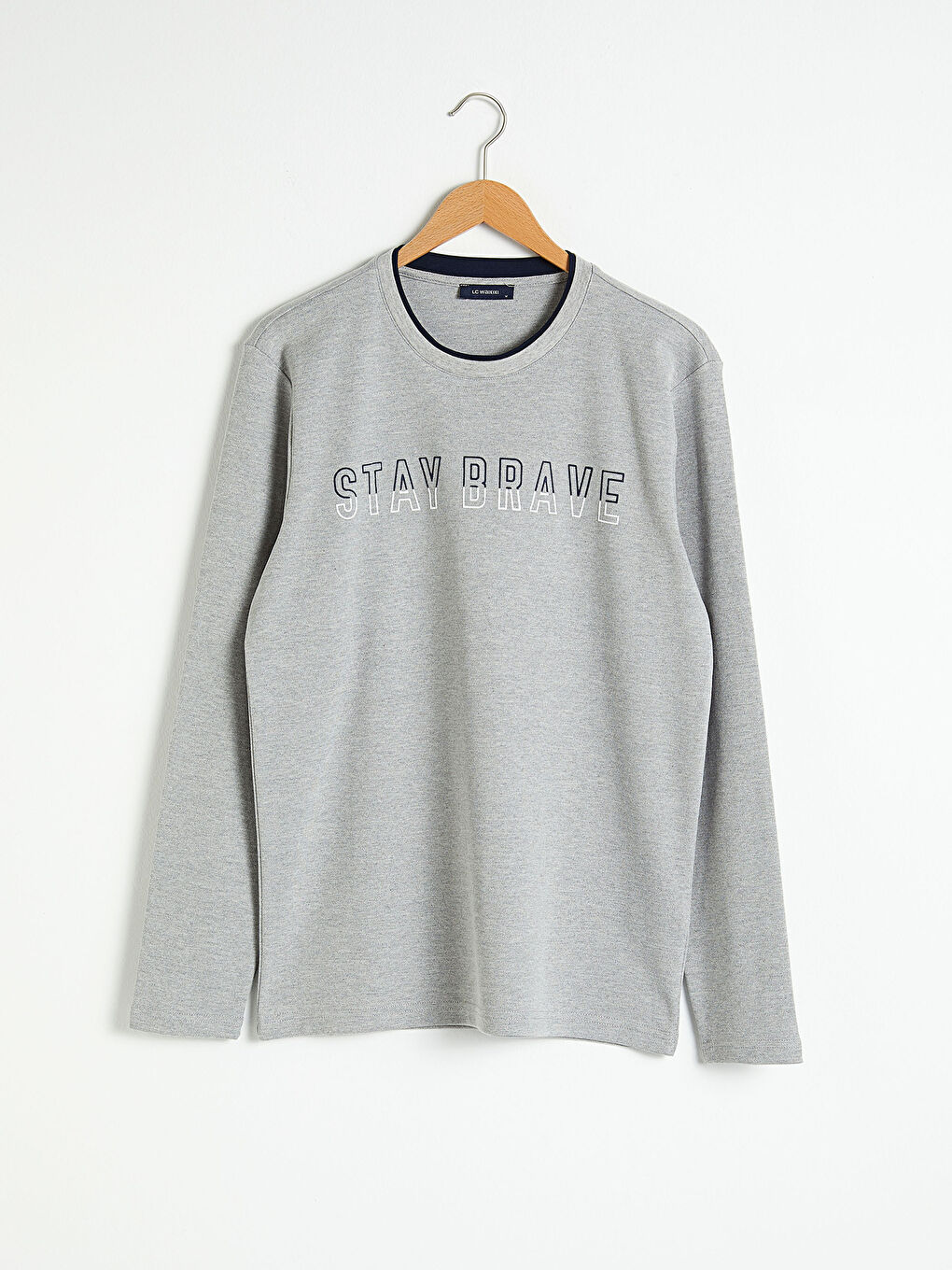 Gri Baskılı Bisiklet Yaka Uzun Kollu Tişört-4