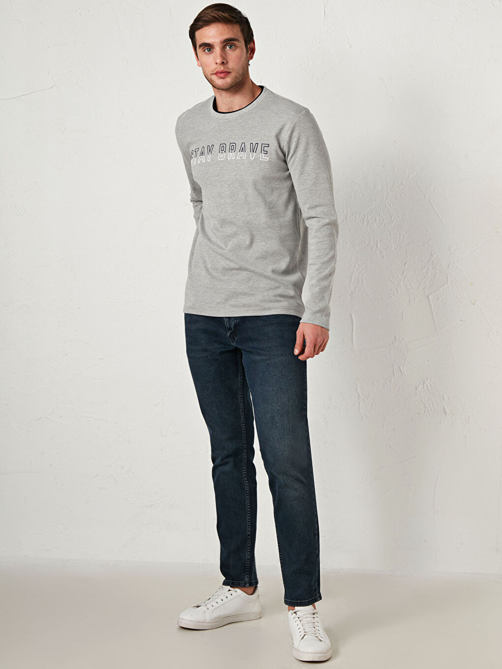 Gri Baskılı Bisiklet Yaka Uzun Kollu Tişört-2