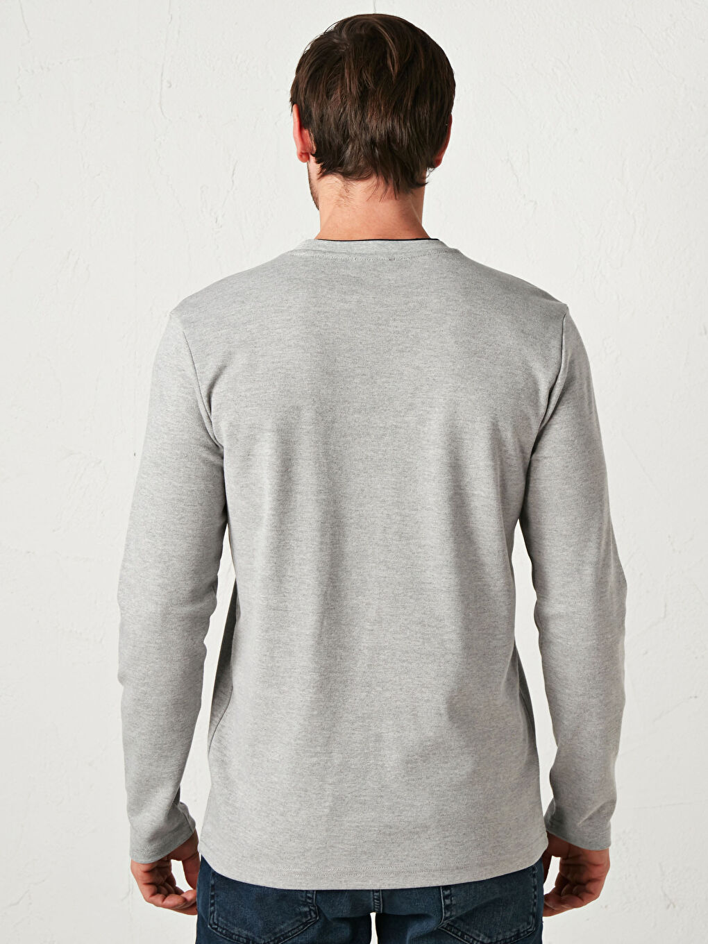 Gri Baskılı Bisiklet Yaka Uzun Kollu Tişört-3