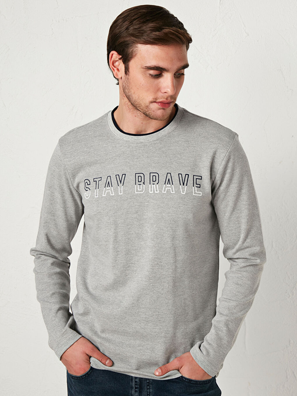 Gri Baskılı Bisiklet Yaka Uzun Kollu Tişört-1