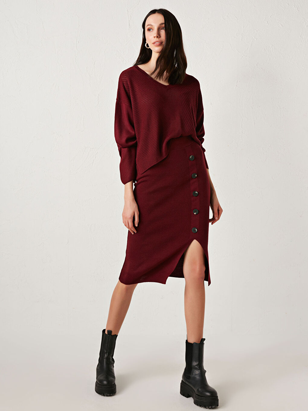 Bordo V Yaka Oversize Triko Kazak-6