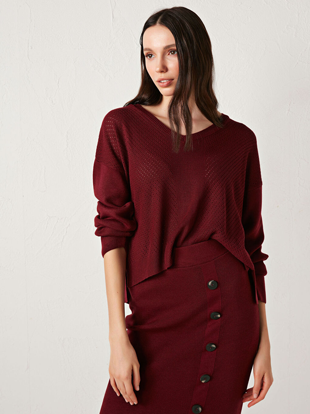 Bordo V Yaka Oversize Triko Kazak-5