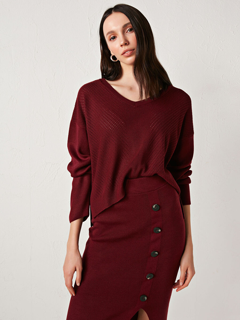 Bordo V Yaka Oversize Triko Kazak-8