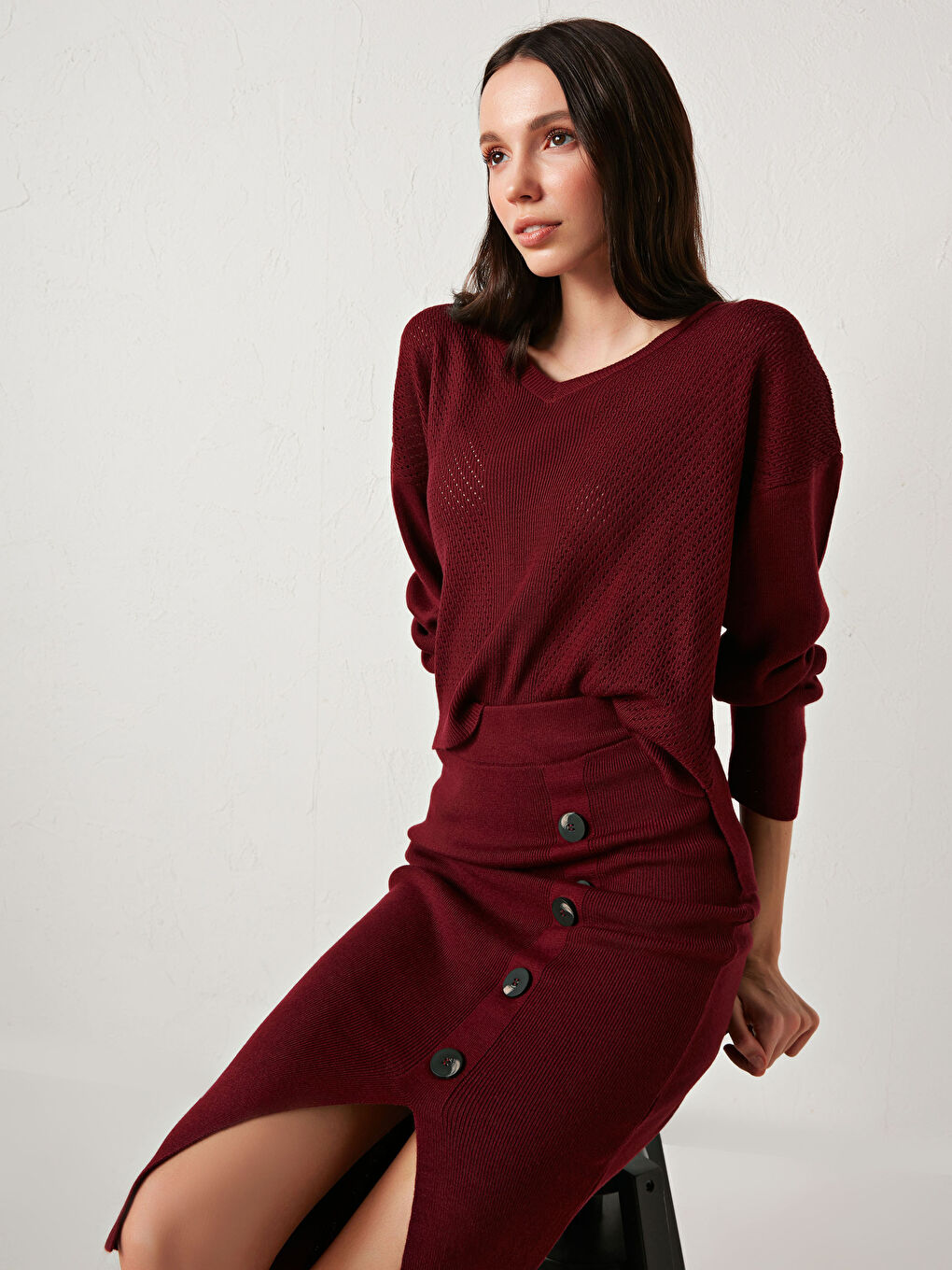 Bordo V Yaka Oversize Triko Kazak-9