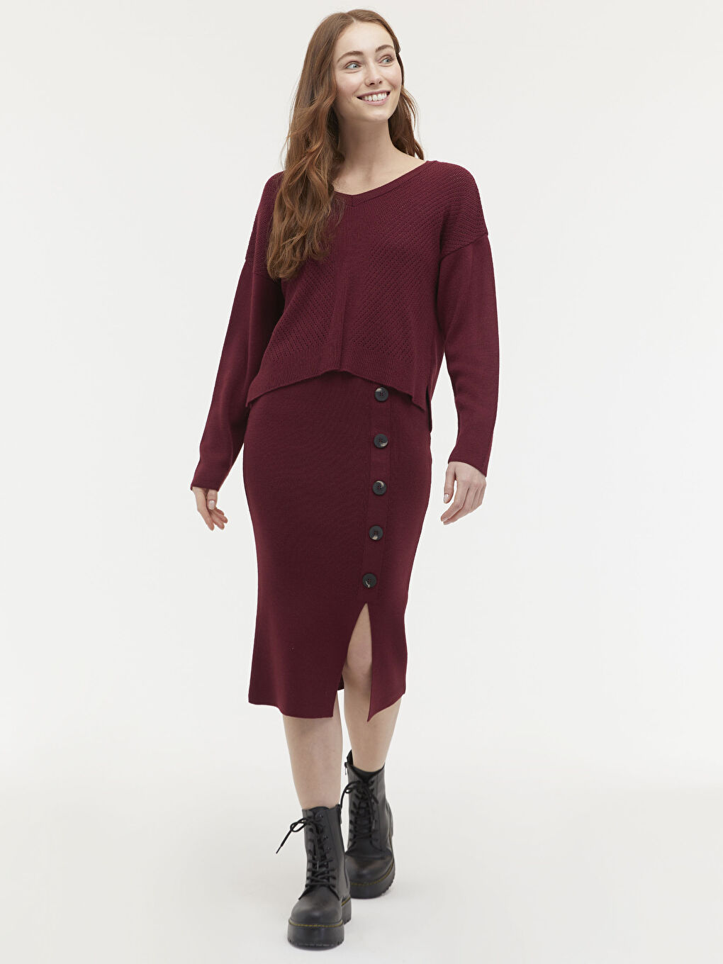 Bordo V Yaka Oversize Triko Kazak-3