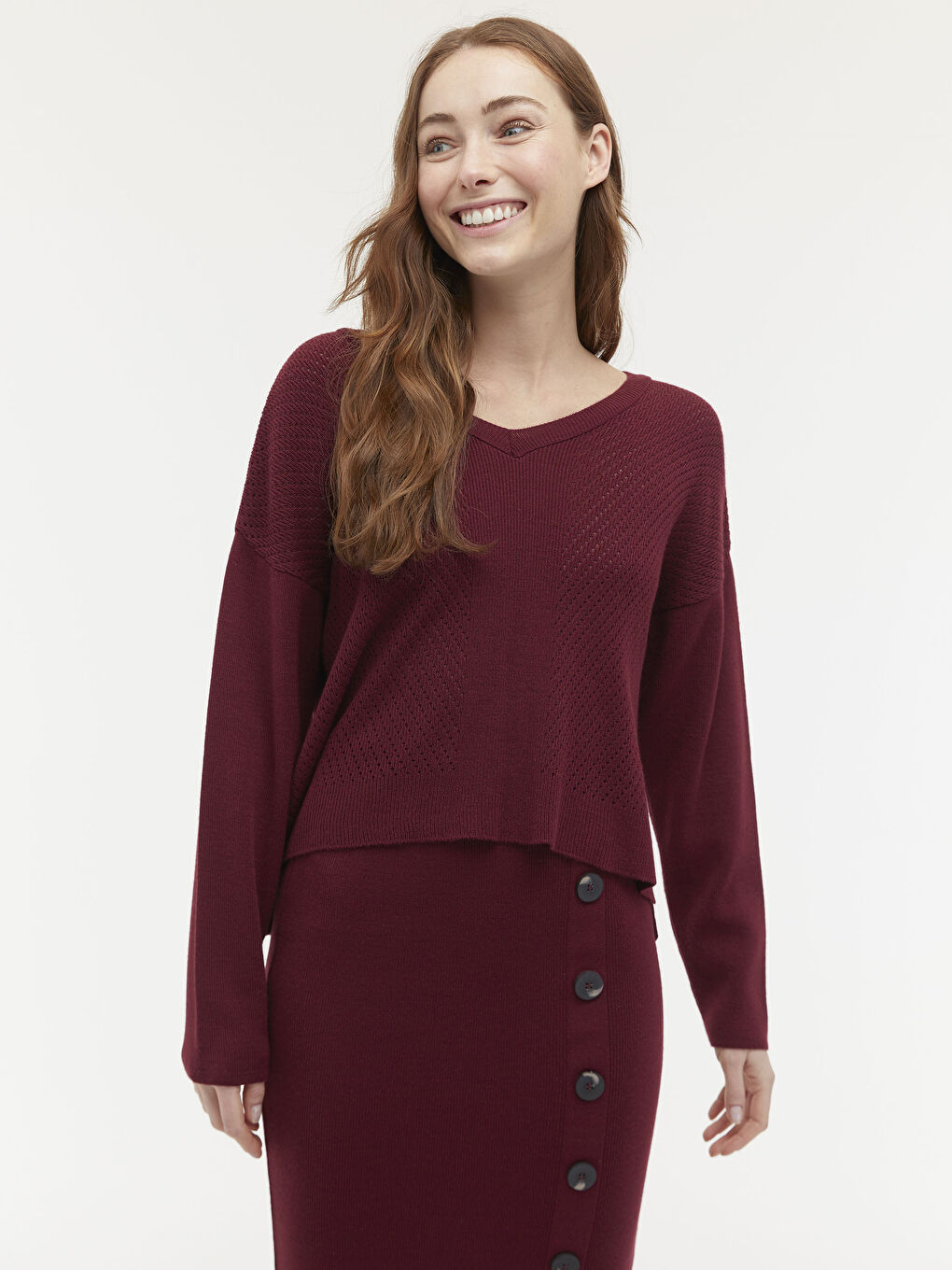 Bordo V Yaka Oversize Triko Kazak