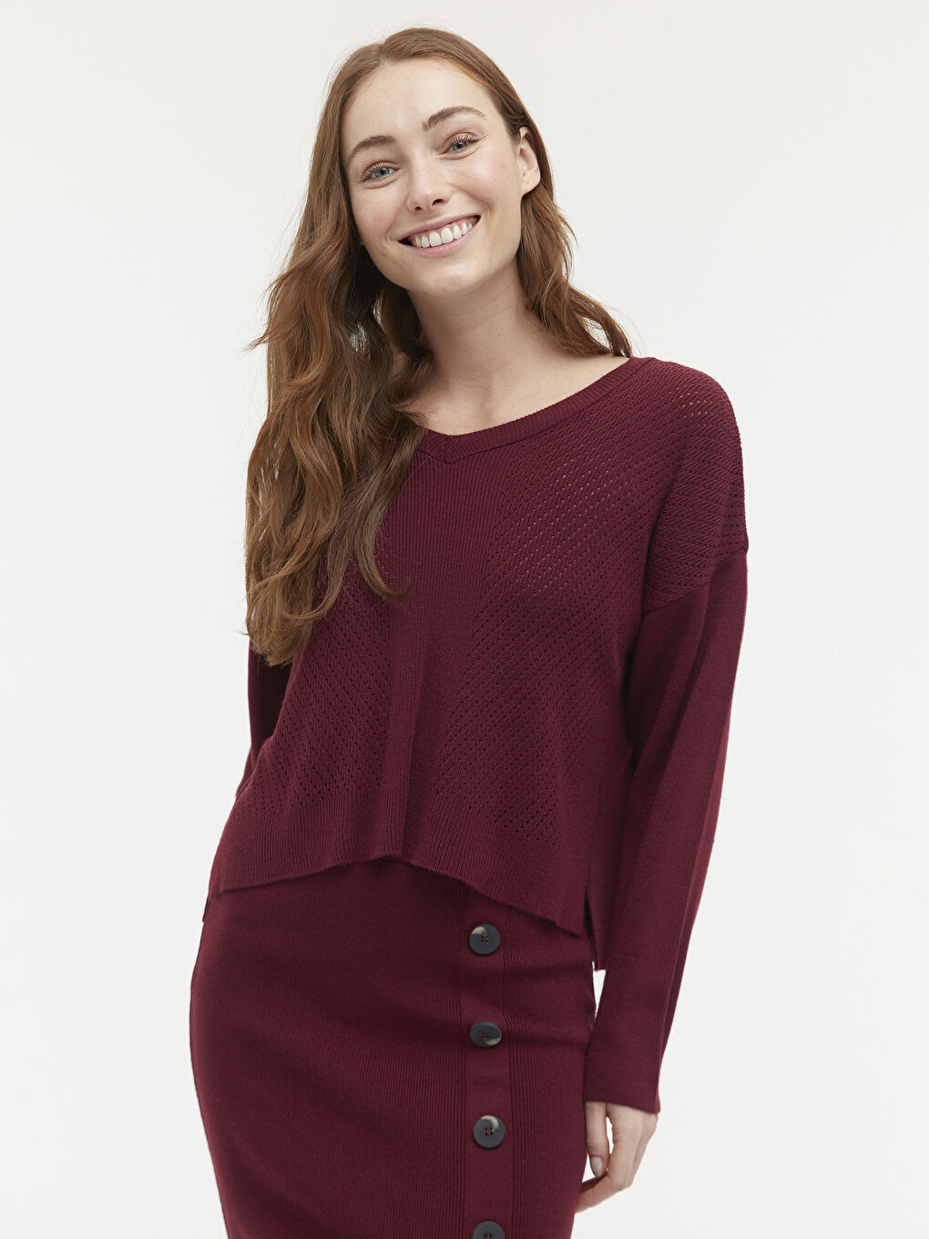 Bordo V Yaka Oversize Triko Kazak-1