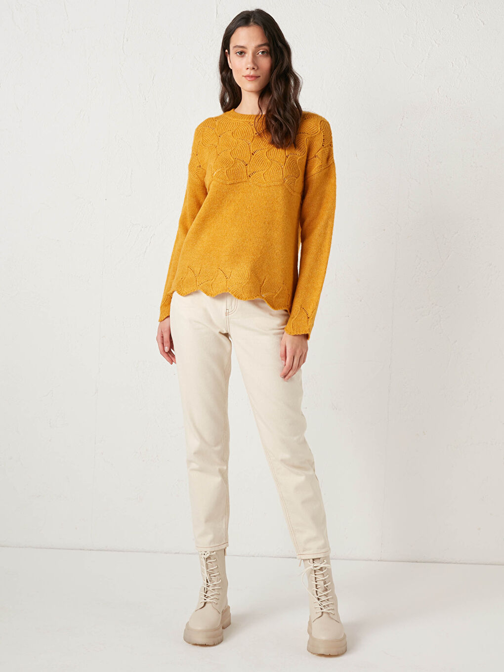 Sarı Bisiklet Yaka Oversize Triko Kazak-2