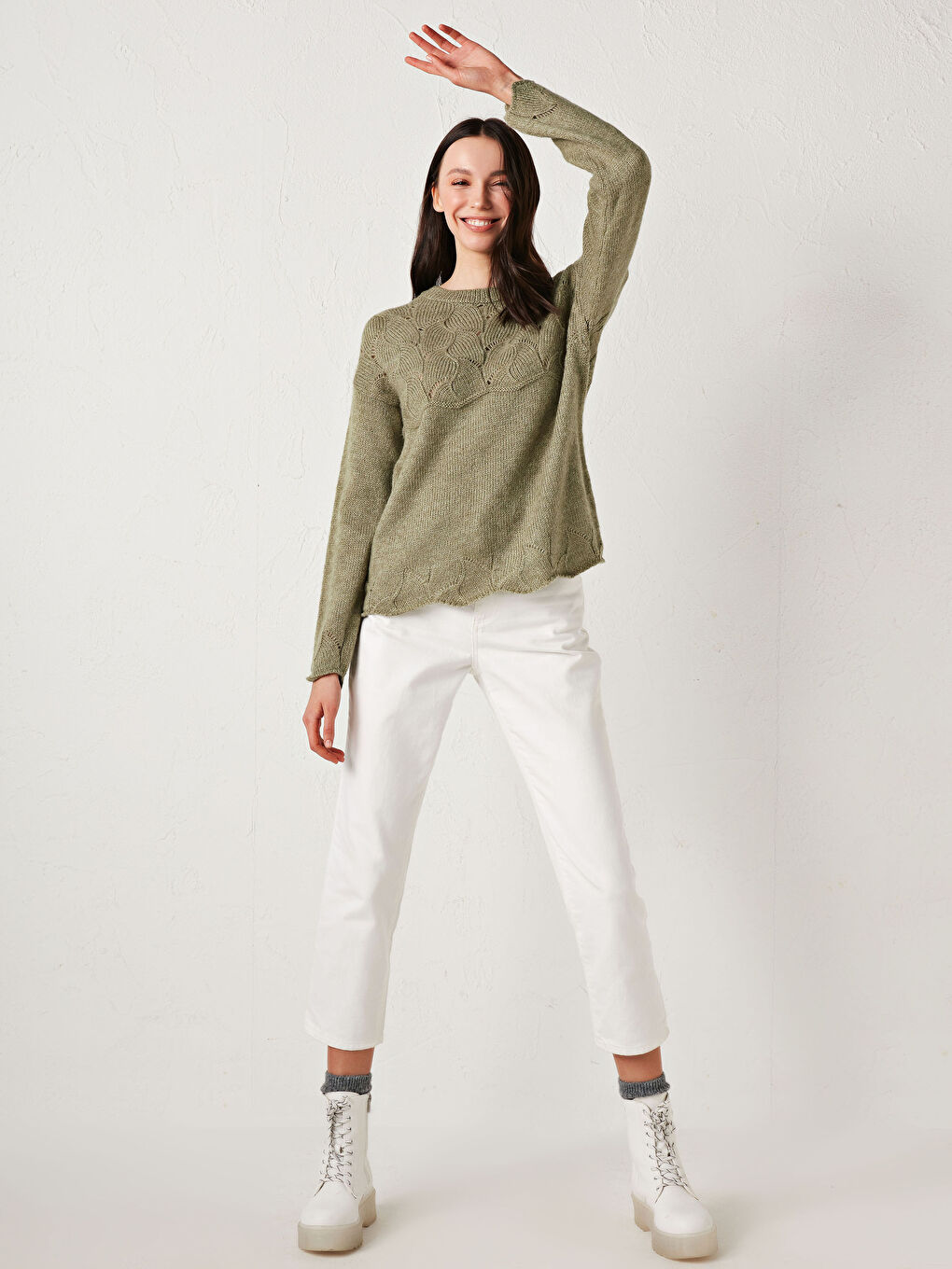 Yeşil Bisiklet Yaka Oversize Triko Kazak-1