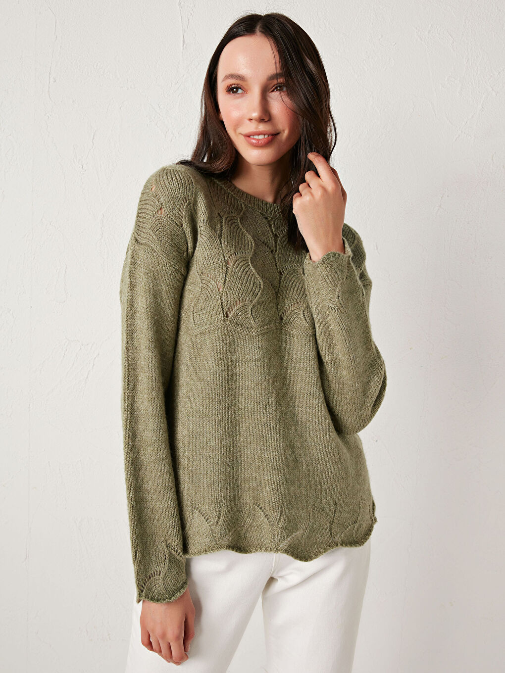 Yeşil Bisiklet Yaka Oversize Triko Kazak-3