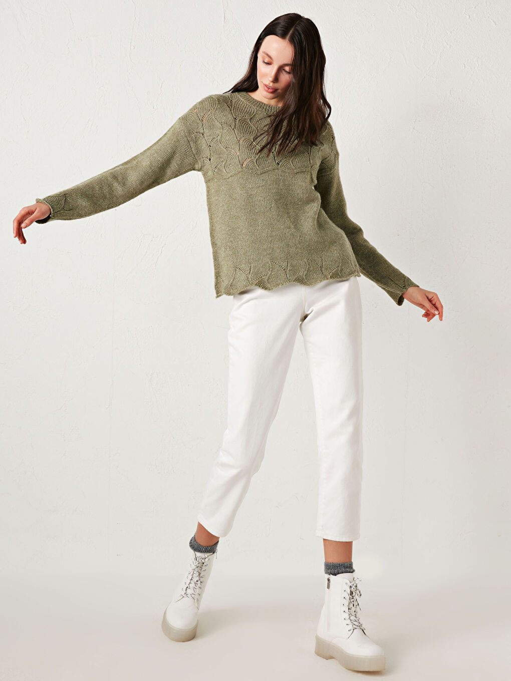 Yeşil Bisiklet Yaka Oversize Triko Kazak-4