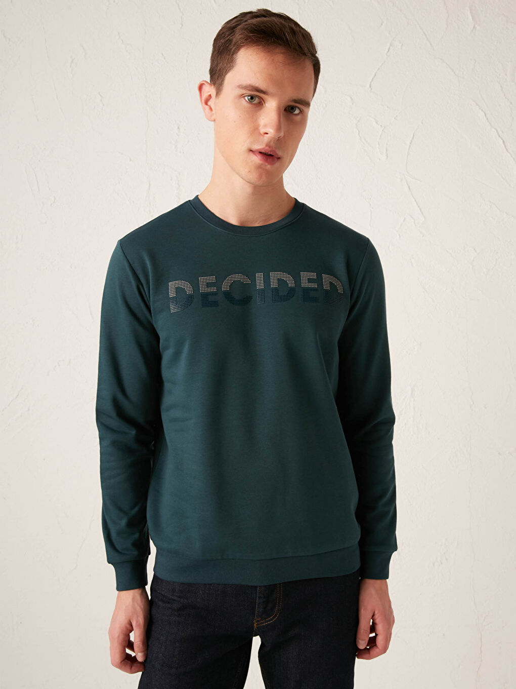 Petrol Bisiklet Yaka Baskılı Kalın Sweatshirt