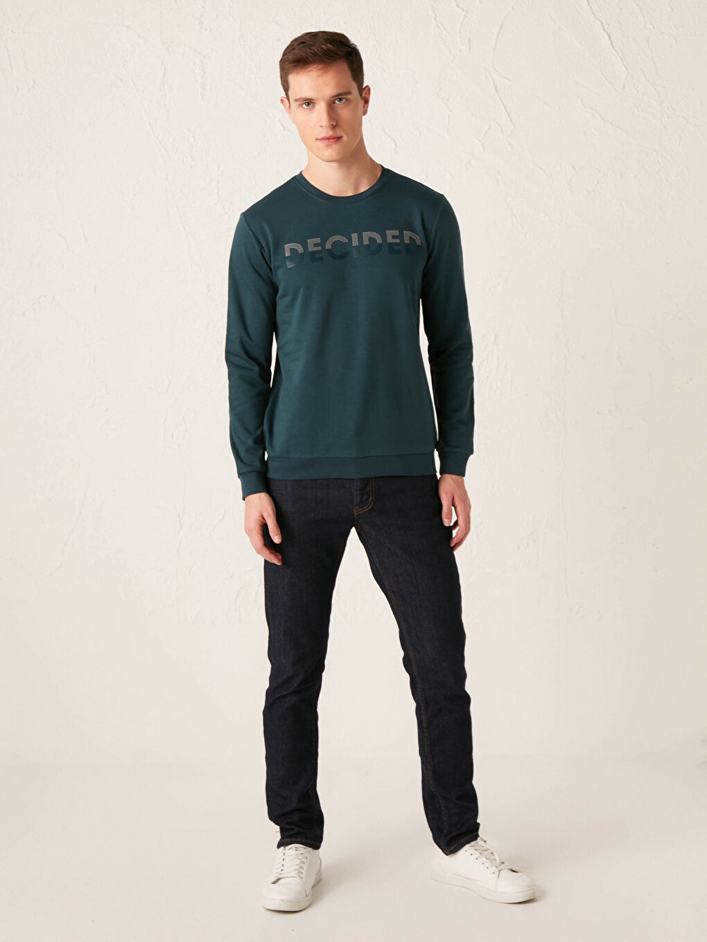 Petrol Bisiklet Yaka Baskılı Kalın Sweatshirt-3