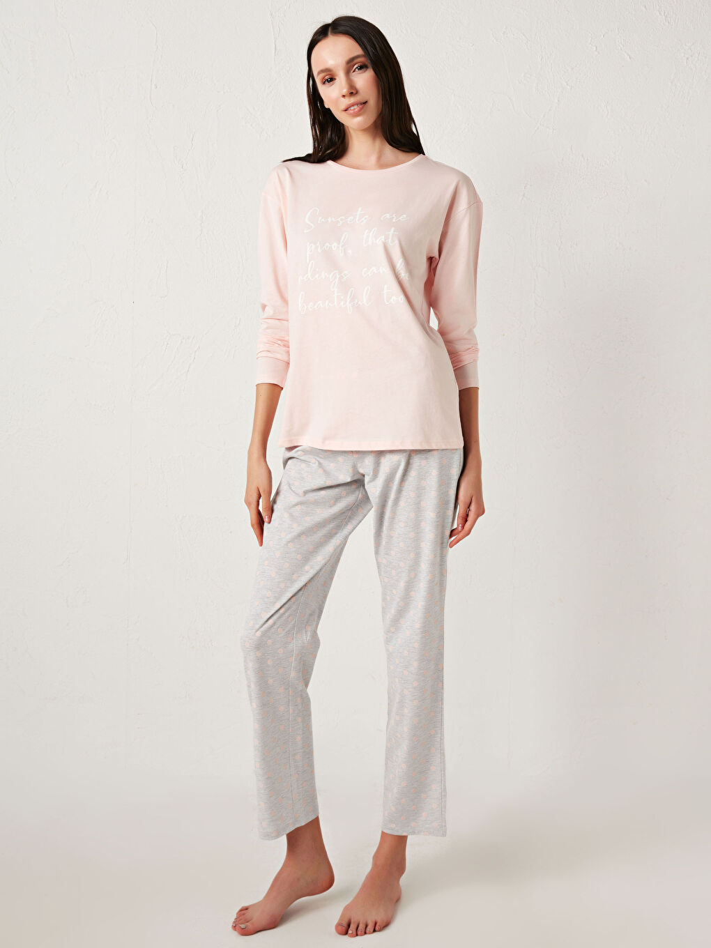 Gri Slogan Baskılı Pamuklu Pijama Takımı