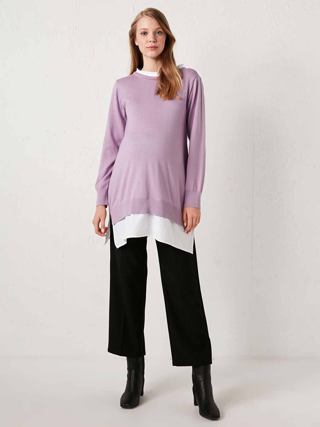 Mor Fırfırlı Dik Yaka Uzun Kollu Pamuklu Hamile Tunik-1