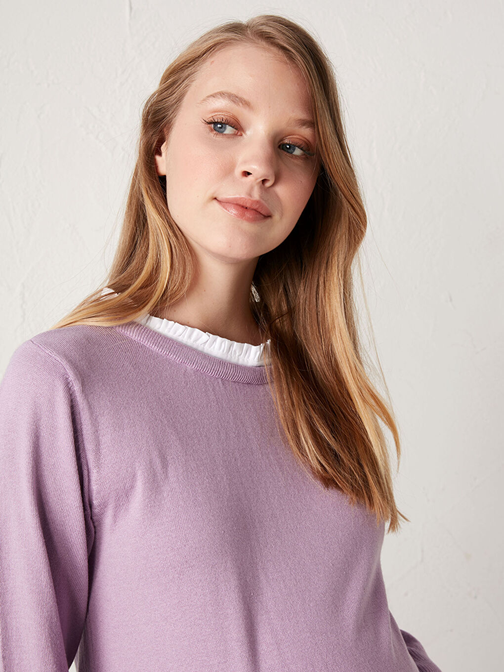 Mor Fırfırlı Dik Yaka Uzun Kollu Pamuklu Hamile Tunik-2