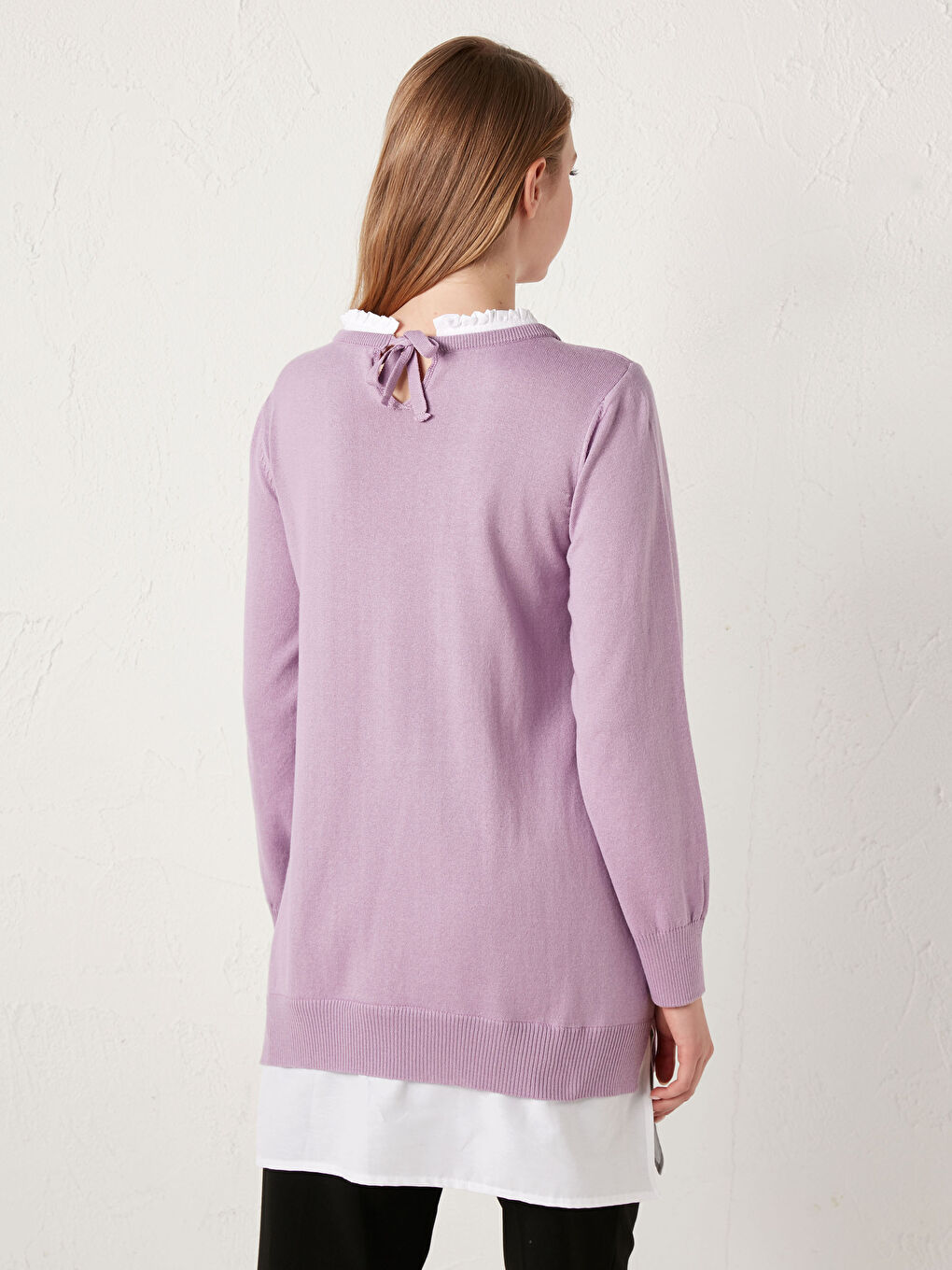 Mor Fırfırlı Dik Yaka Uzun Kollu Pamuklu Hamile Tunik-3