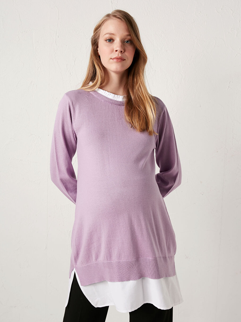 Mor Fırfırlı Dik Yaka Uzun Kollu Pamuklu Hamile Tunik