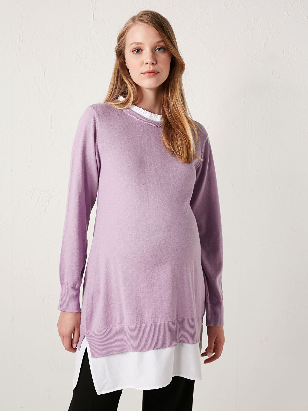 Mor Fırfırlı Dik Yaka Uzun Kollu Pamuklu Hamile Tunik-4