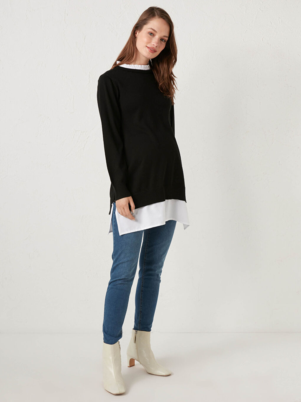 Ruffle Collar Long Sleeve Cotton Maternity Tunic-2