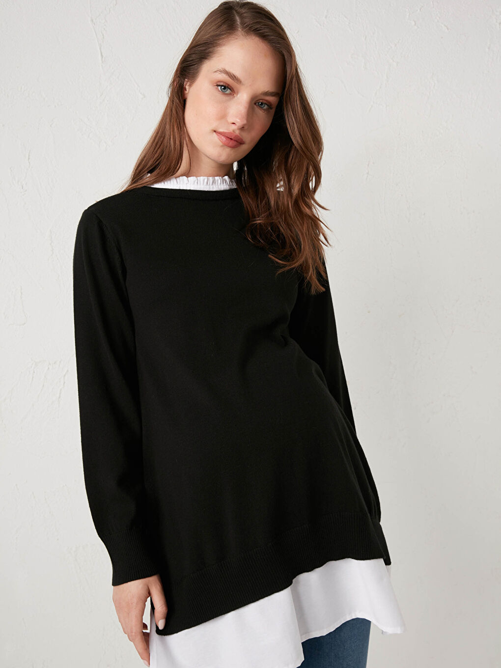 Ruffle Collar Long Sleeve Cotton Maternity Tunic