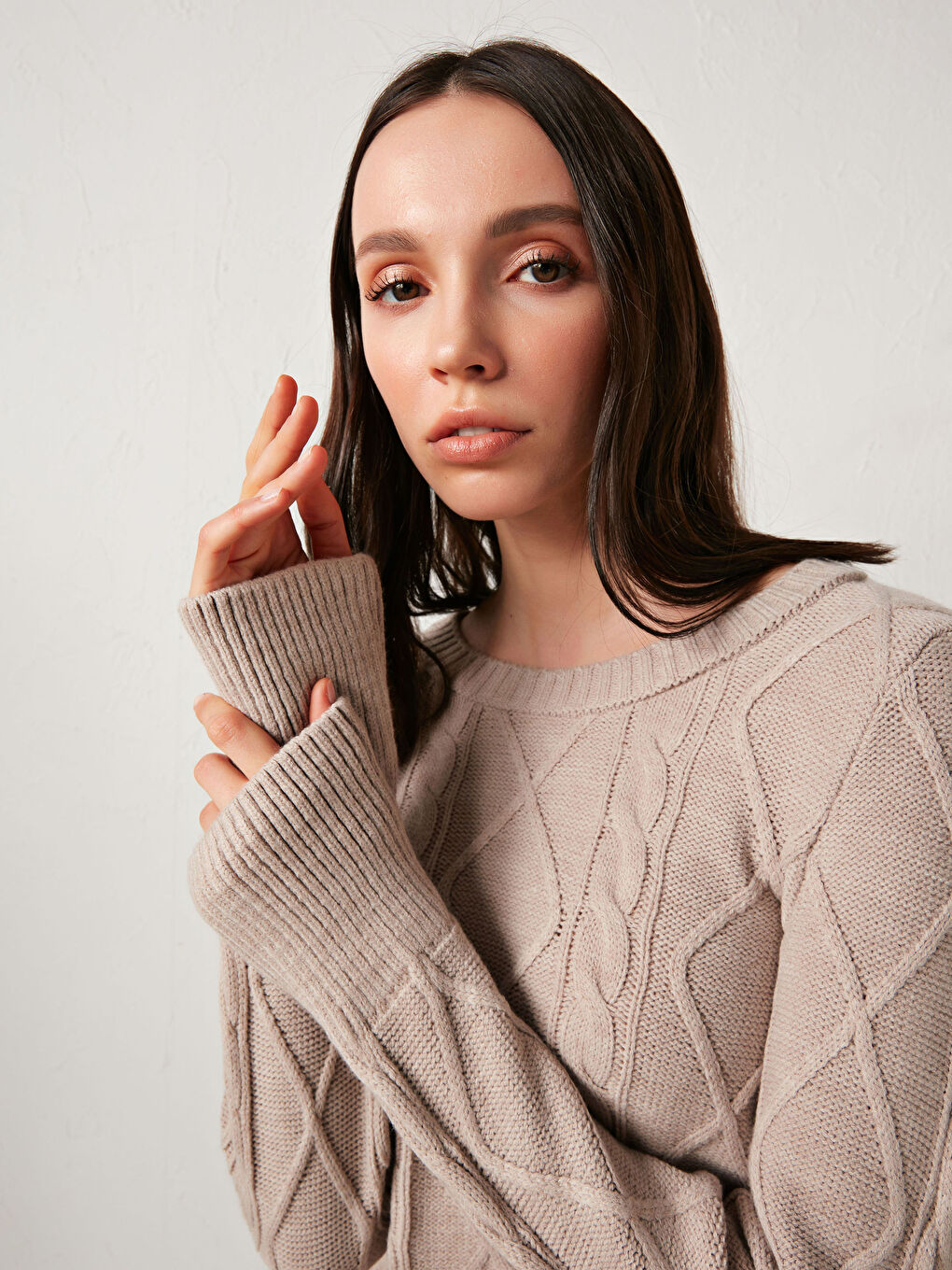 Bej Desenli Akrilik Triko Kazak